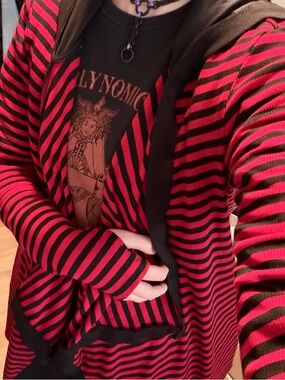 Midnight Hour M Red and Black Striped Hooded Cardigan